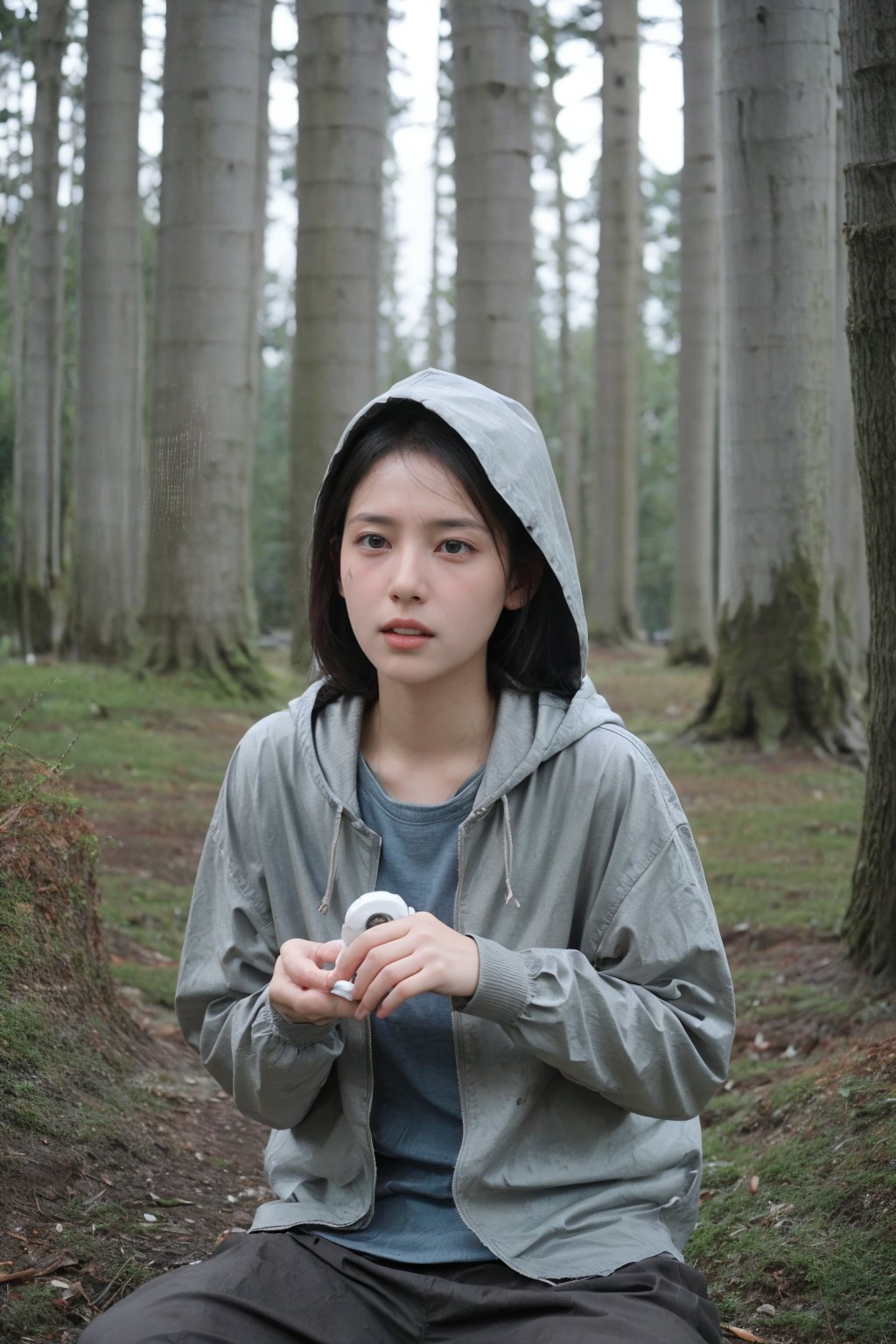 1girl, black hair, teenage, (20yo), survival scenario, wilderness, raining, wearing a jacket, waterproof, hood up, determined expression, holding a compass, surrounded by trees, muddy ground, puddles, mist, realistic, high dynamic range, depth of field, (cinematic composition:1.3), ambient light, wide-angle lens, best quality, masterpiece.