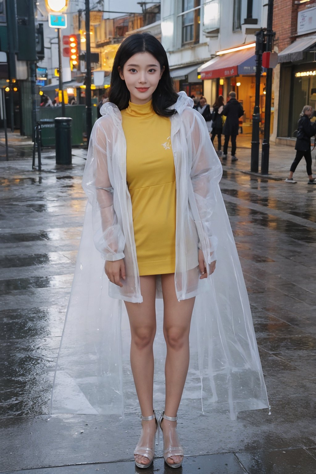 1girl, black hair, standing, full body, transparent raincoat, smiling, (beautiful eyes:1.2), (long hair:1.3), (transparent raincoat:1.5), urban background, light rain, puddles, city street, evening time, warm ambient light, (vivid colors:1.3), high resolution, best quality, masterpiece