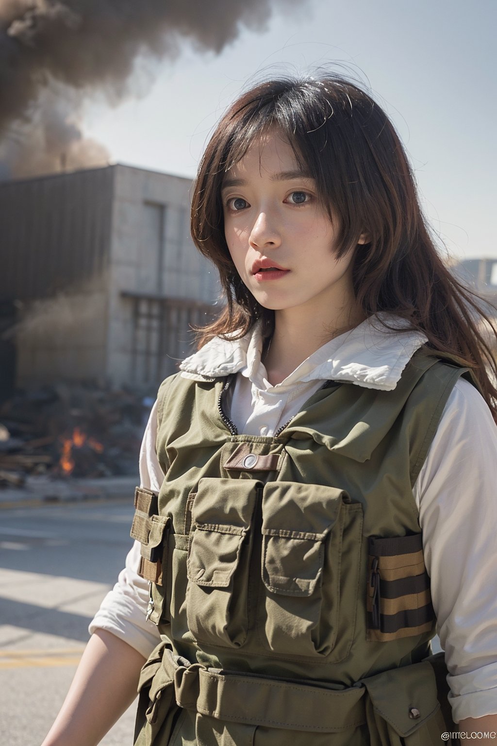 1girl, soldier, beautiful, black hair, long hair, (18yo), determined expression, combat uniform, rifle, helmet, (bulletproof vest:1.2), battlefield background, smoke, destroyed buildings, craters, distant explosions, (glowing eyes:1.3), dynamic shadows, high contrast lighting, (cinematic composition:1.3), gritty texture, best quality, masterpiece