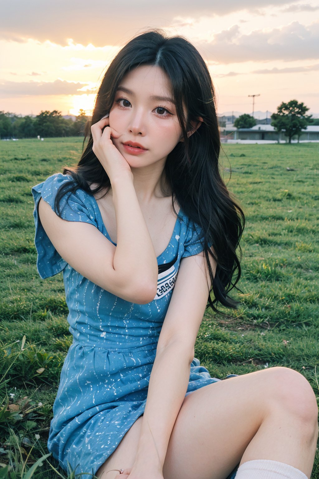 1girl, beautiful, black hair, long hair, fallen, grass field, (blue dress:1.2), white socks, school uniform, injured, looking at viewer, tears, light blush, beautifully detailed eyes, sunset background, orange and pink sky, depth of field, realistic, ambient light, (cinematic composition:1.3), soft focus, HDR, best quality, masterpiece