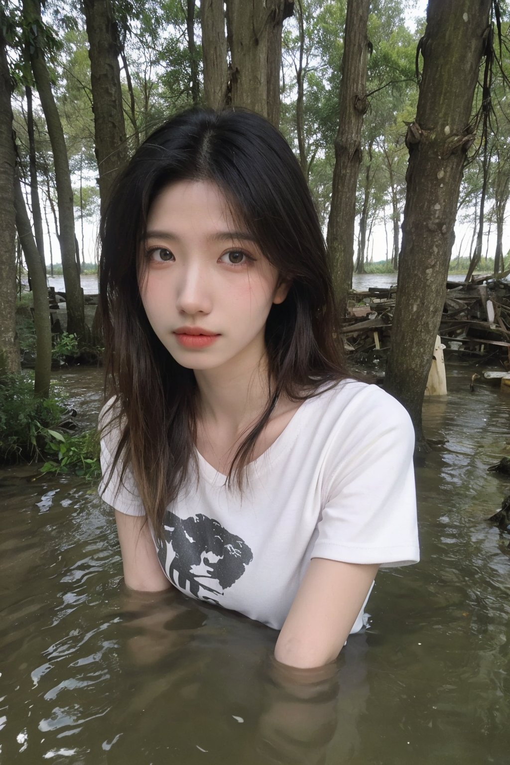 1girl, black hair, half body submerged in swamp, fearful expression, detailed eyes, (20yo:0.9), wet clothes, green mossy environment, brown water, bubbles, (mud on face:1.2), (fear:1.3), overcast sky, realistic, high resolution, cinematic composition, natural lighting, depth of field, wide-angle lens, best quality, masterpiece.