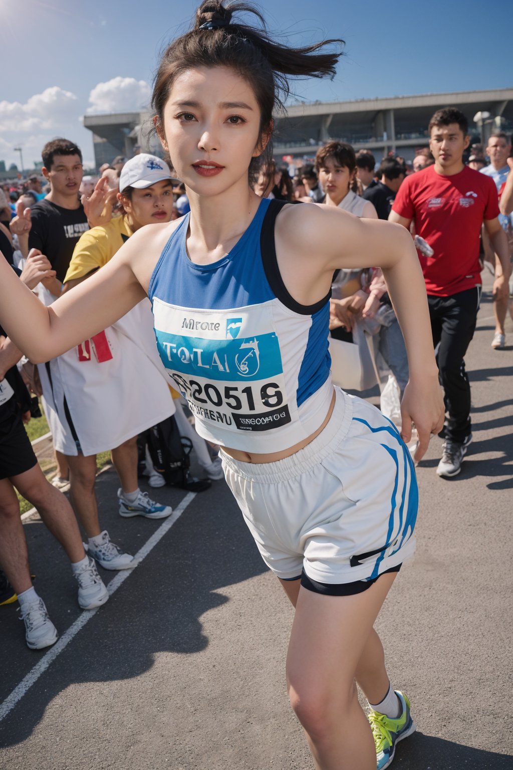 1girl, marathon runner, black hair, young, energetic, sportswear, running shoes, number bib, race track, crowd cheering, clear sky, sun shining, vibrant colors, dynamic pose, sweat detail, focused expression, (muscle tone:1.2), (skin glow:1.1), wide-angle lens, best quality, masterpiece.