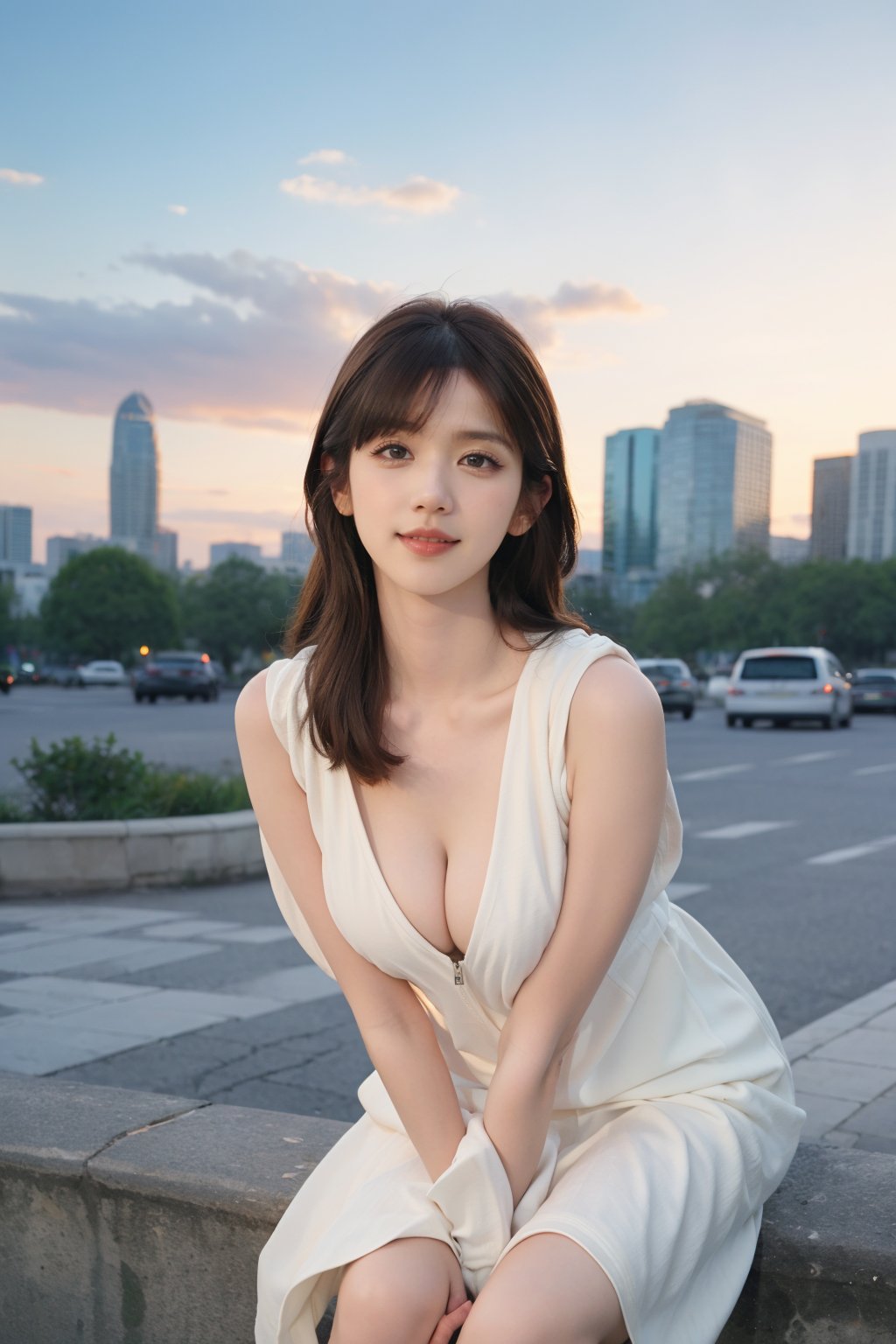 1girl, black hair, solo, (Cleavage), beautiful, detailed eyes, smiling, half body, open zipper jacket, leaning forward, city background, sunset, beautifully detailed background, depth of field, realistic, ambient light, (cinematic composition:1.3), wide-angle lens, best quality, masterpiece