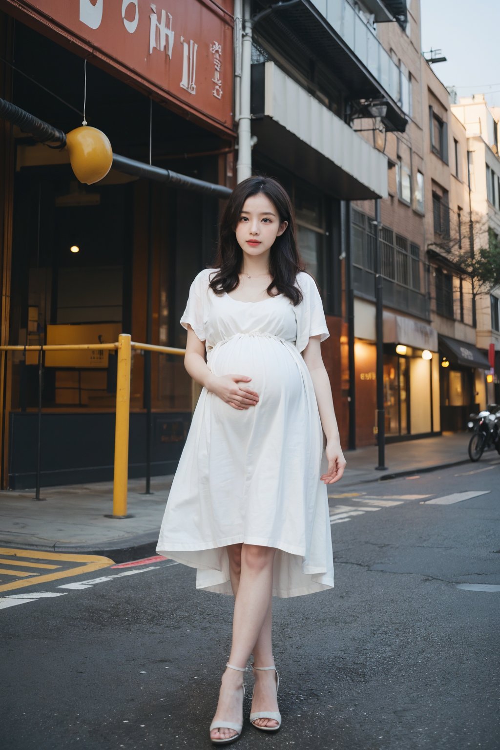 1girl, black hair, pregnant, standing, street, full body shot, (20yo), beautiful, detailed eyes, light blush, simple dress, flat shoes, holding belly, sunny day, urban background, realistic, ambient light, (cinematic composition:1.3), wide-angle lens, best quality, masterpiece