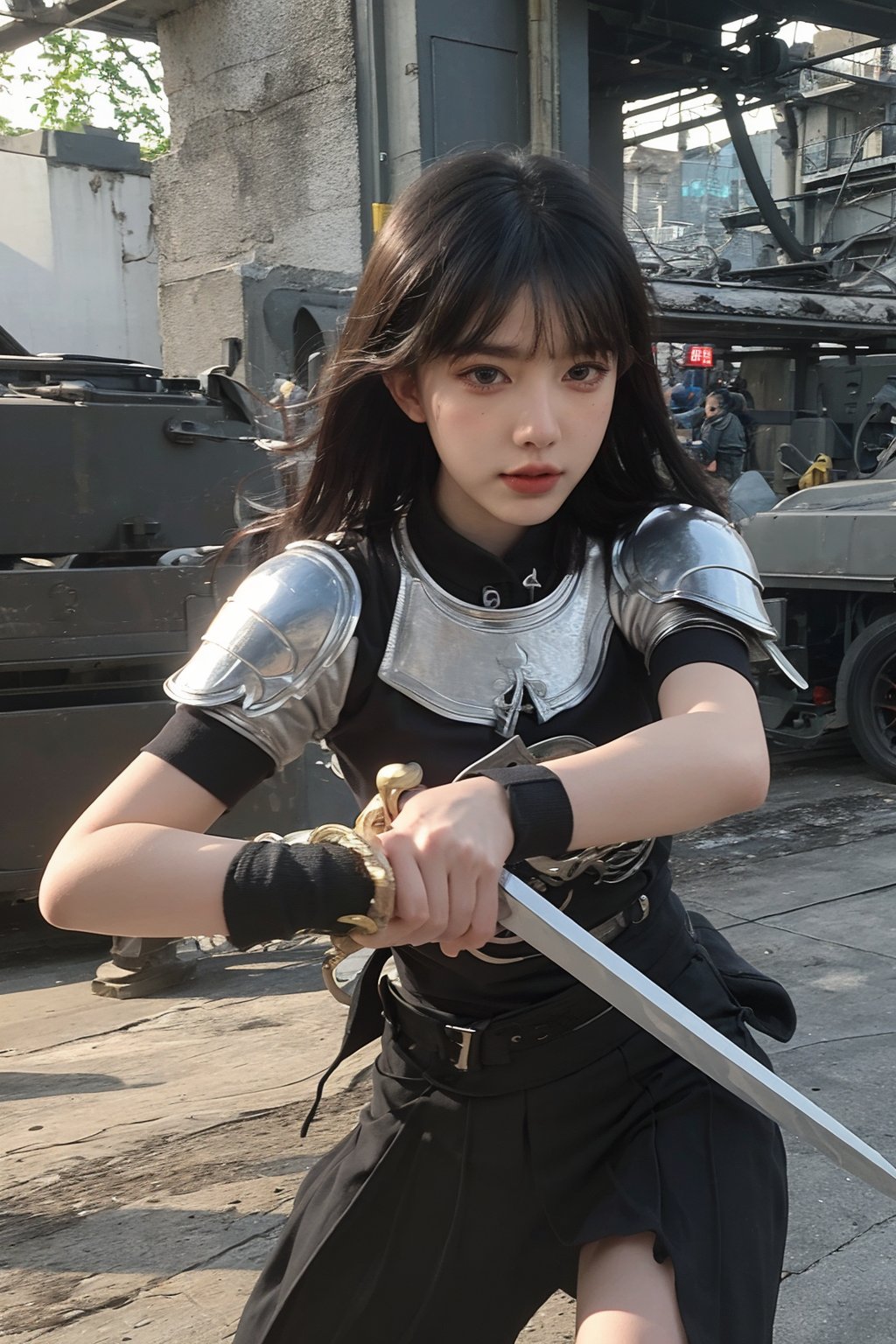 1girl, black hair, combat pose, (20yo), determined expression, glowing sword, shield, futuristic armor, dynamic action, energy effects, battlefield background, (explosion in distance:0.8), smoke, debris, high contrast lighting, (sword glow intensity:1.3), wide-angle lens, best quality, masterpiece.