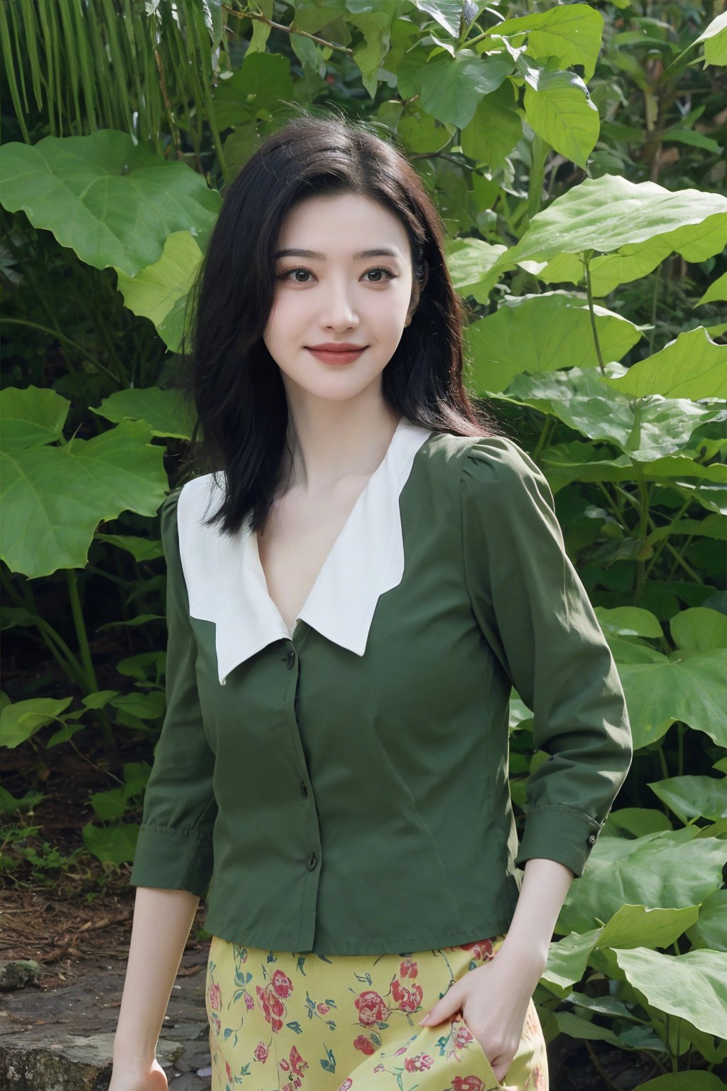 1girl, black hair, long hair, (smiling:1.2), forest, walking, full body shot, green trees, sunlight filtering through leaves, peaceful expression, casual attire, natural scenery, realistic style, best quality, masterpiece.