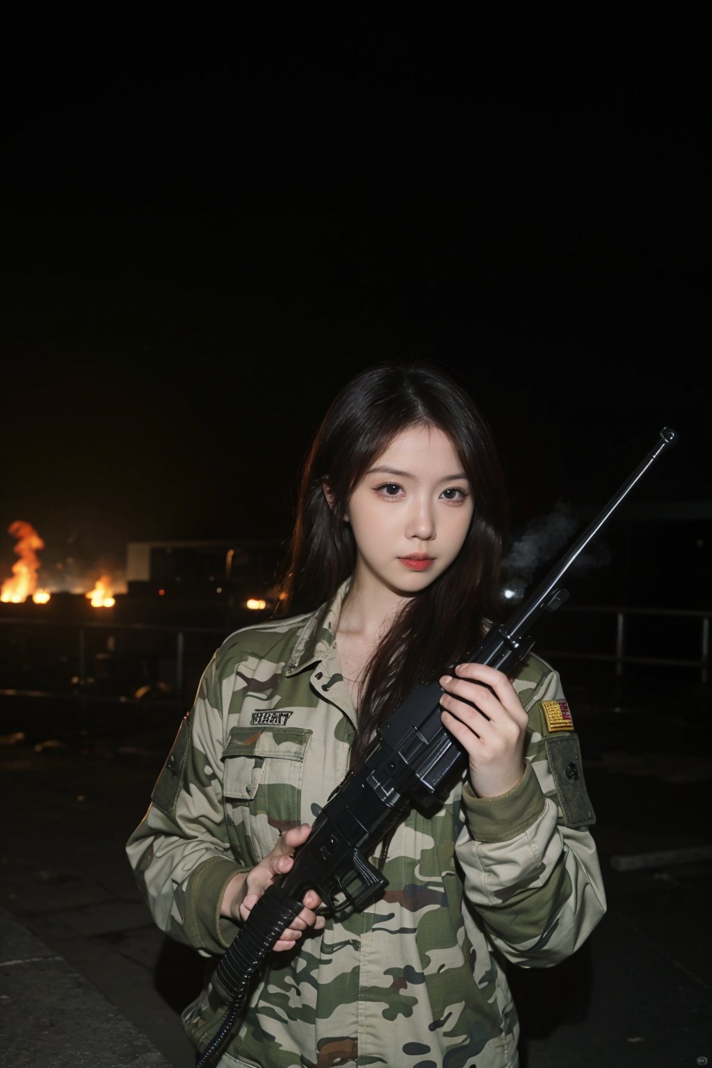 1girl, beautiful, black hair, long hair, intense eyes, determined expression, combat uniform, camouflage pattern, holding a rifle, firing, battlefield, explosions in background, tanks, smoke, fire, debris, chaotic environment, dynamic lighting, (action pose:1.2), high-contrast, gritty textures, best quality, masterpiece.