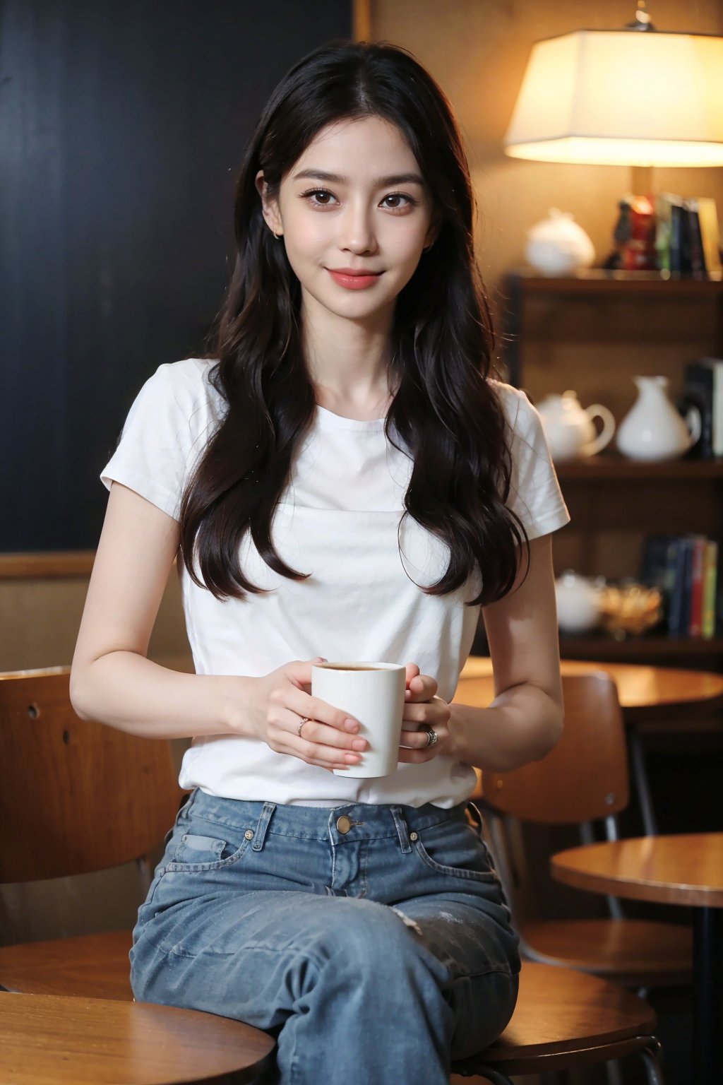 1girl, beautiful, black hair, smiling, sitting in a cafe, (18yo), detailed eyes, light blush, casual wear, white t-shirt, jeans, coffee cup in hand, surrounded by cafe ambiance, wooden tables, cozy lighting, books on shelves, (vintage clock:1.2), realistic, depth of field, ambient light, (cinematic composition:1.3), soft focus background, HDR, Accent Lighting, medium shot, best quality, masterpiece.