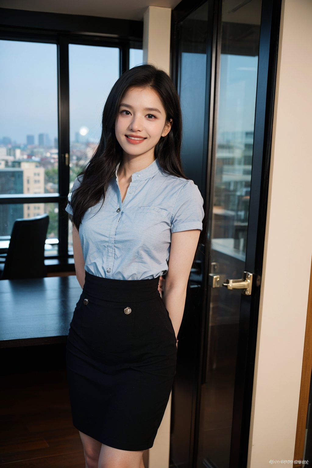 1girl, black hair, office setting, work uniform, standing pose, stockings, high heels, hands behind back, smiling, (young:1.2), elegant, professional, modern office interior, desk, computer, files, windows with city view, soft indoor lighting, depth of field, realistic style, (cinematic composition:1.3), best quality, masterpiece.