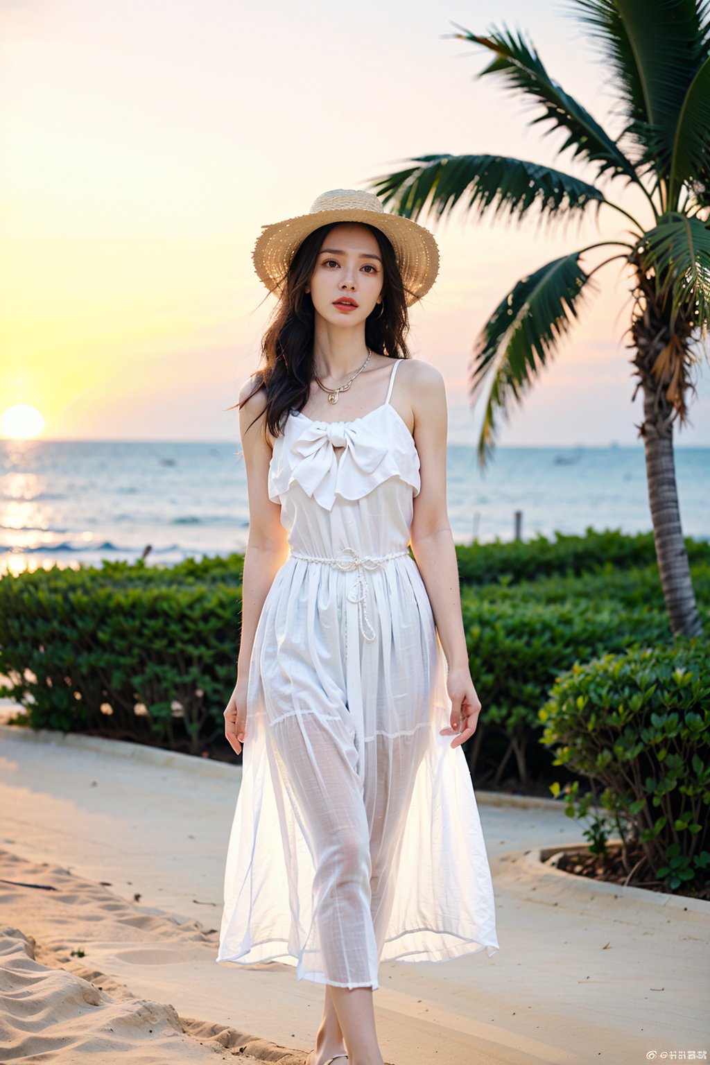 1girl, beautiful, walking on the beach, long hair, summer dress, flip flops, seashell necklace, sun hat, sunset background, sand, waves, seagulls, palm trees, clear sky, warm colors, (golden hour light:1.2), realistic, ambient light, wide-angle lens, best quality, masterpiece.