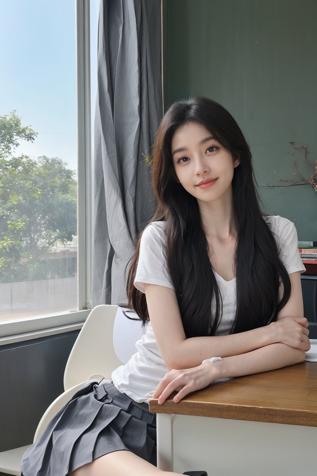 1girl, black hair, school, classroom, smiling, (20yo), beautiful detailed eyes, casual school uniform, sitting at desk, books, pencils, looking at viewer, natural light, detailed background, depth of field, realistic, ambient light, cinematic composition, best quality, masterpiece.