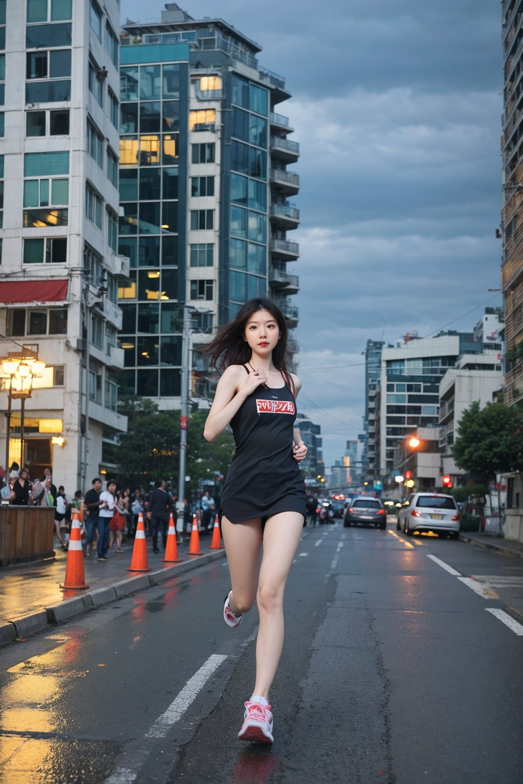 1girl, beautiful, black hair, long hair, solo, (18yo), (athletic, running), city background, urban landscape, skyscrapers, streets, night time, streetlights, dynamic pose, flowing dress, determined expression, high-quality sneakers, neon signs, reflections on wet pavement, ambient city lights, depth of field, realistic, (cinematic composition:1.3), wide-angle lens, best quality, masterpiece