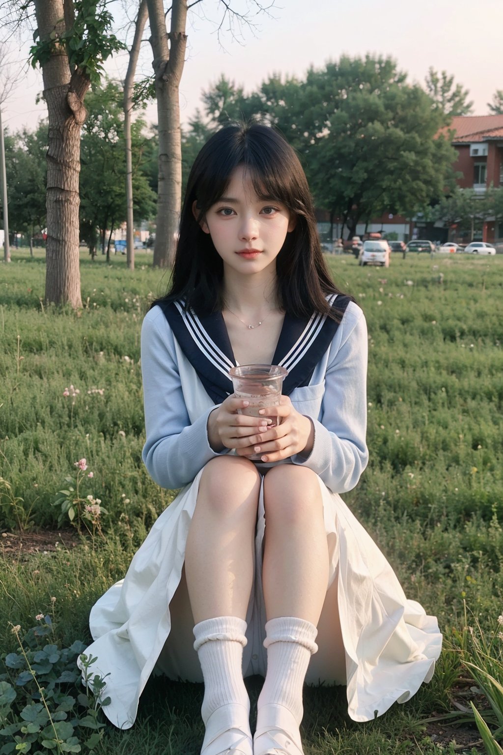 1girl, beautiful, black hair, long hair, fallen, grass field, (blue dress:1.2), white socks, school uniform, injured, looking at viewer, tears, light blush, beautifully detailed eyes, sunset background, orange and pink sky, depth of field, realistic, ambient light, (cinematic composition:1.3), soft focus, HDR, best quality, masterpiece