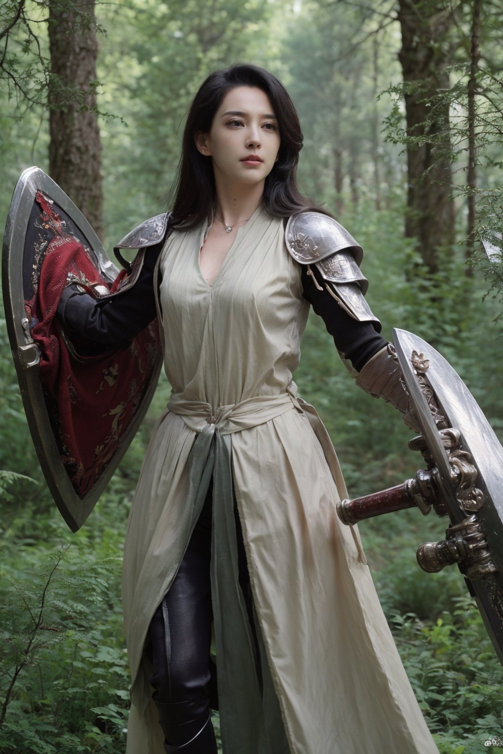 1girl, black hair, full body, armor, holding a sword and shield, forest background, (trees:1.2), (green leaves:1.3), (sunlight filtering through trees:1.1), detailed texture on armor, medieval style, determined expression, ready for battle, (shield design:0.8), (sword details:1.4), natural lighting, peaceful yet tense atmosphere, high resolution, best quality, masterpiece.