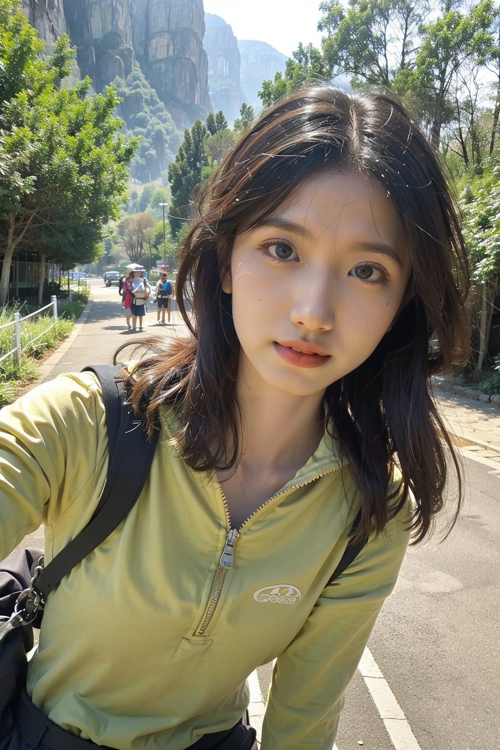 1girl, mountain climbing, beautiful, black hair, long hair, athletic, determined, nature, rocky terrain, (mountain peak:1.3), clear sky, sunlight, trees, (vivid colors:1.2), detailed expressions, dynamic pose, (rope:0.9), (carabiner:0.9), hiking boots, backpack, outdoor adventure, serene atmosphere, depth of field, realistic, ambient light, wide-angle lens, best quality, masterpiece.