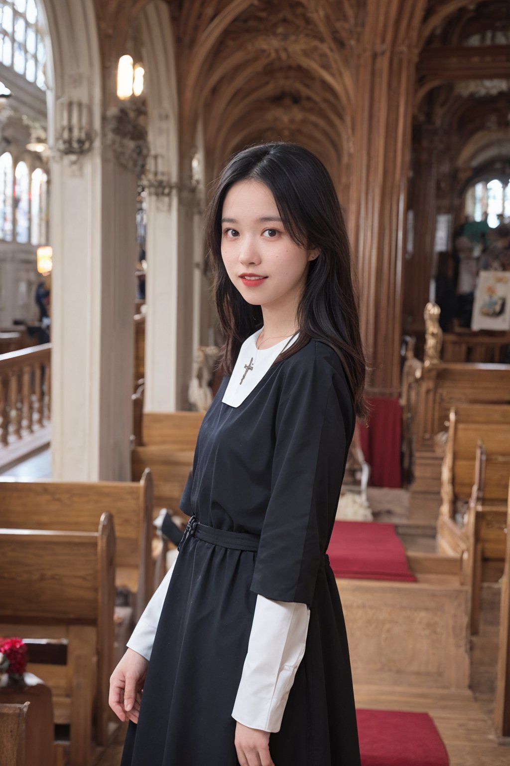 1girl, black hair, long hair, nun uniform, standing, church background, smiling, detailed eyes, (16yo), white habit, (cross necklace:1.2), soft lighting, stained glass windows, pews, altar in distance, high ceilings, peaceful atmosphere, depth of field, realistic, (cinematic composition:1.3), HDR, Accent Lighting, wide-angle lens, best quality, masterpiece.