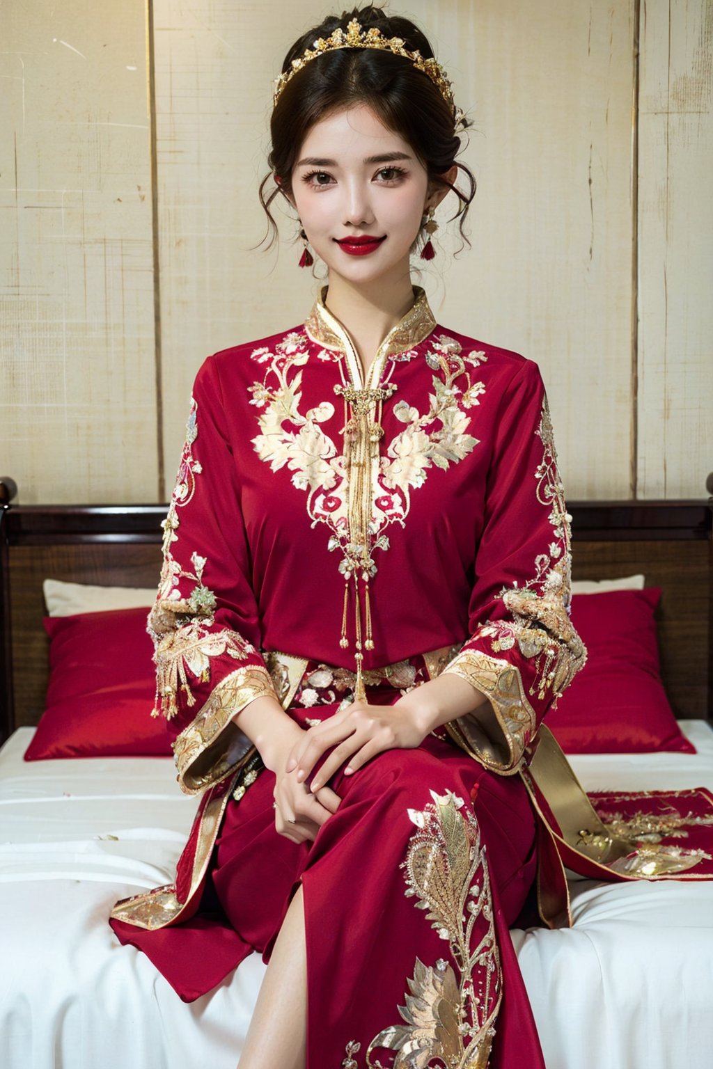  best quality,highly detailed,1girl,
a woman in a red and gold clothes, phoenix coronet,(sitting on red bed),blush,shy,black_hair, earrings,  indoors, jewelry, long_sleeves, red lips, tassel, Red quilt,(red palace:1.2),looking_at_viewer,smile