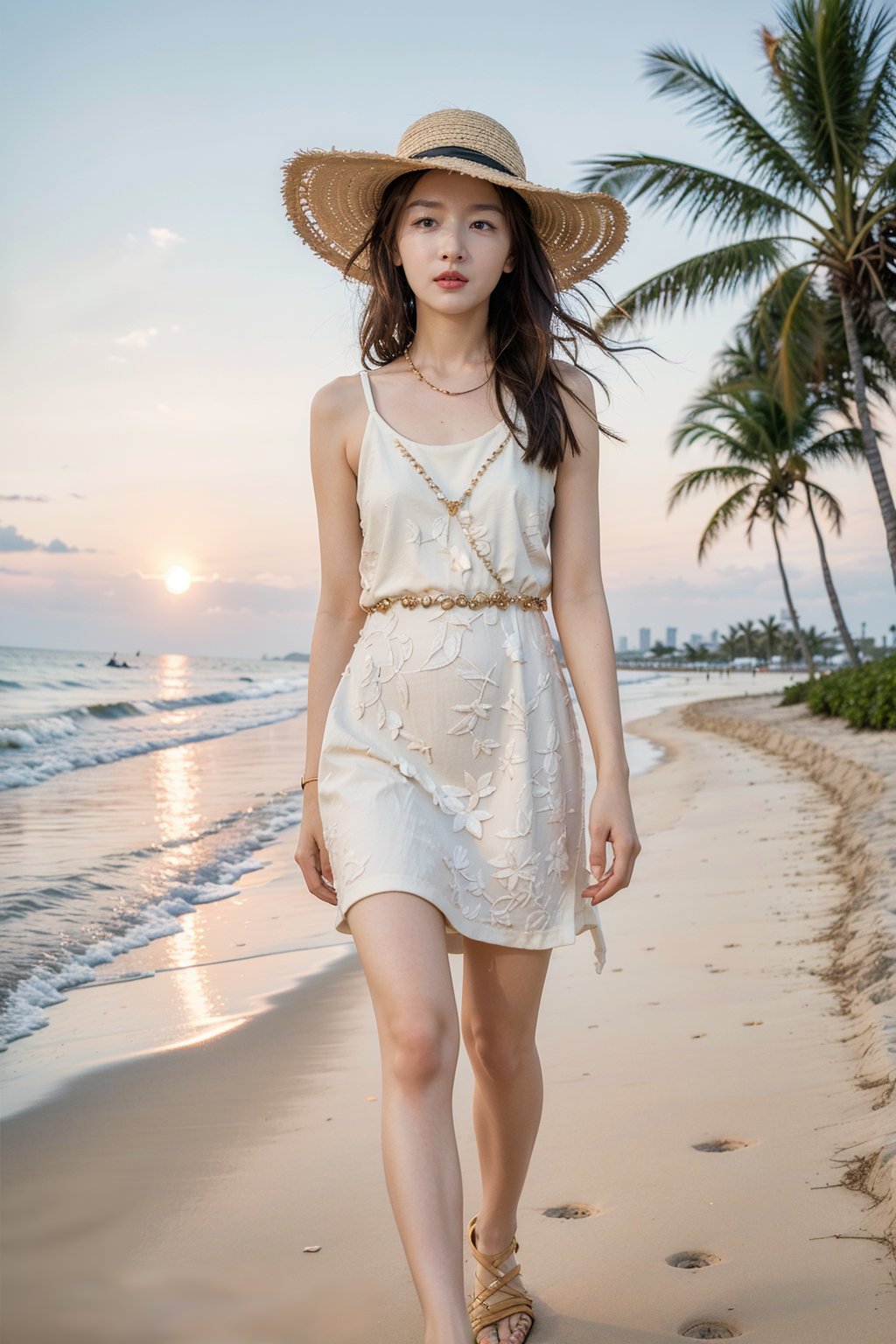 1girl, beautiful, walking on the beach, long hair, summer dress, flip flops, seashell necklace, sun hat, sunset background, sand, waves, seagulls, palm trees, clear sky, warm colors, (golden hour light:1.2), realistic, ambient light, wide-angle lens, best quality, masterpiece.