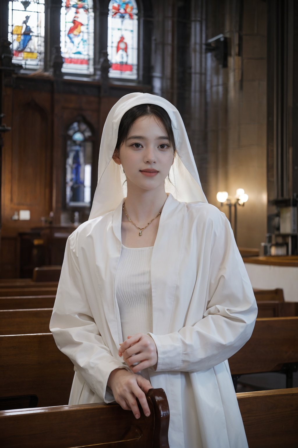 1girl, black hair, long hair, nun uniform, standing, church background, smiling, detailed eyes, (16yo), white habit, (cross necklace:1.2), soft lighting, stained glass windows, pews, altar in distance, high ceilings, peaceful atmosphere, depth of field, realistic, (cinematic composition:1.3), HDR, Accent Lighting, wide-angle lens, best quality, masterpiece.