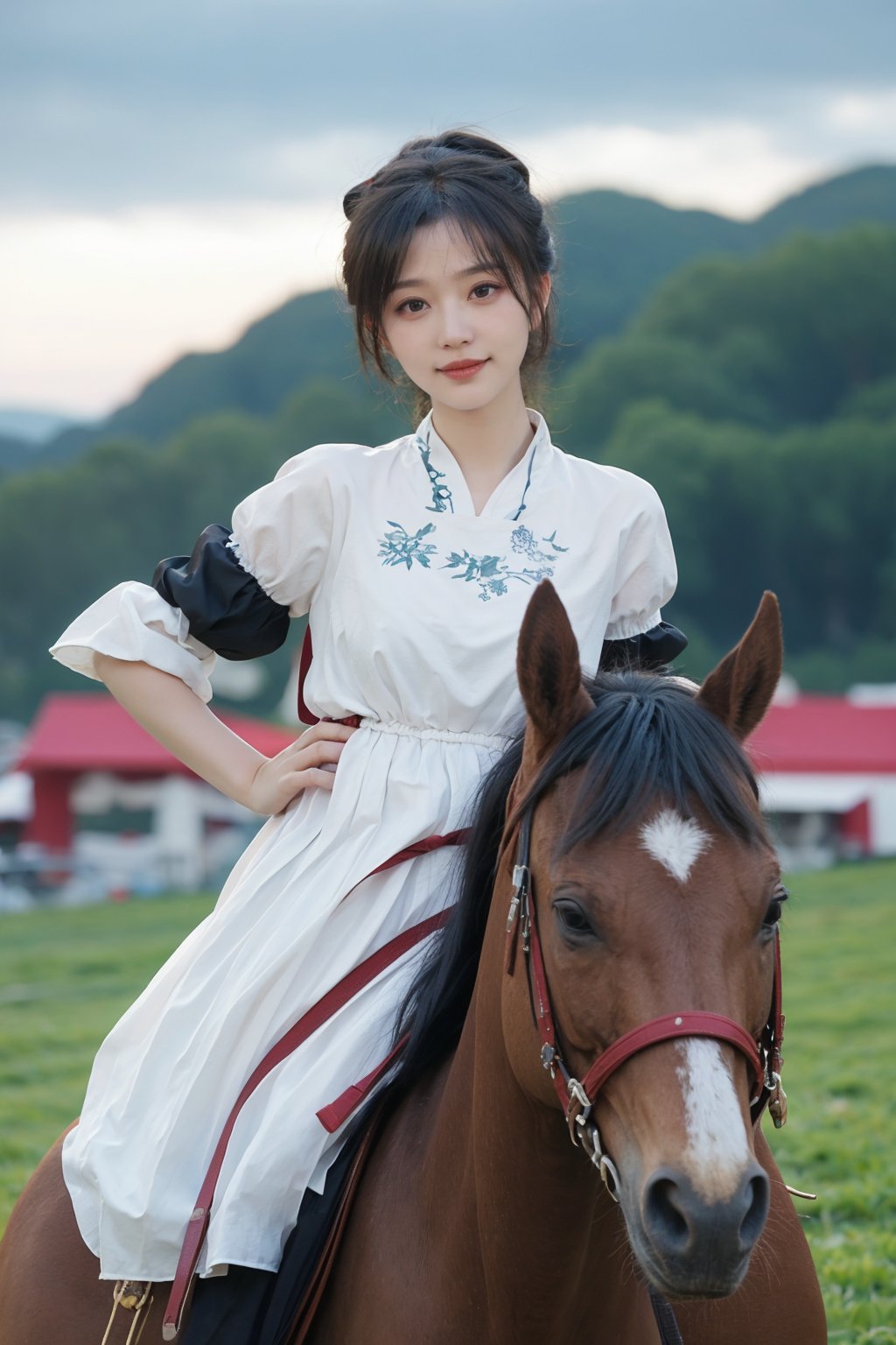 1girl, young lady, solo, (20yo), cute, detailed eyes, black hair, long hair, (ponytail:1.2), riding a horse, equestrian, traditional dress, green hat, red ribbon, looking forward, fields, countryside, sunny day, blue sky, white clouds, beautifully detailed background, depth of field, realistic, ambient light, (cinematic composition:1.3), HDR, Accent Lighting, wide-angle lens, best quality, masterpiece.