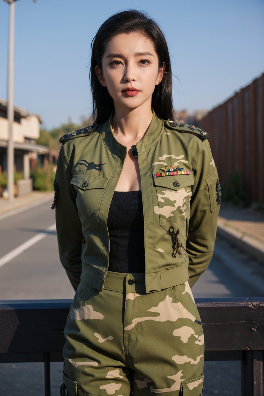 1girl, black hair, full body, standing, military uniform, detailed eyes, determined expression, (Cleavage), combat boots, camouflage pants, olive green jacket, epaulettes, (rank insignia:1.2), realistic, outdoor, barracks background, (sunlight filter:1.0), high resolution, depth of field, best quality, masterpiece