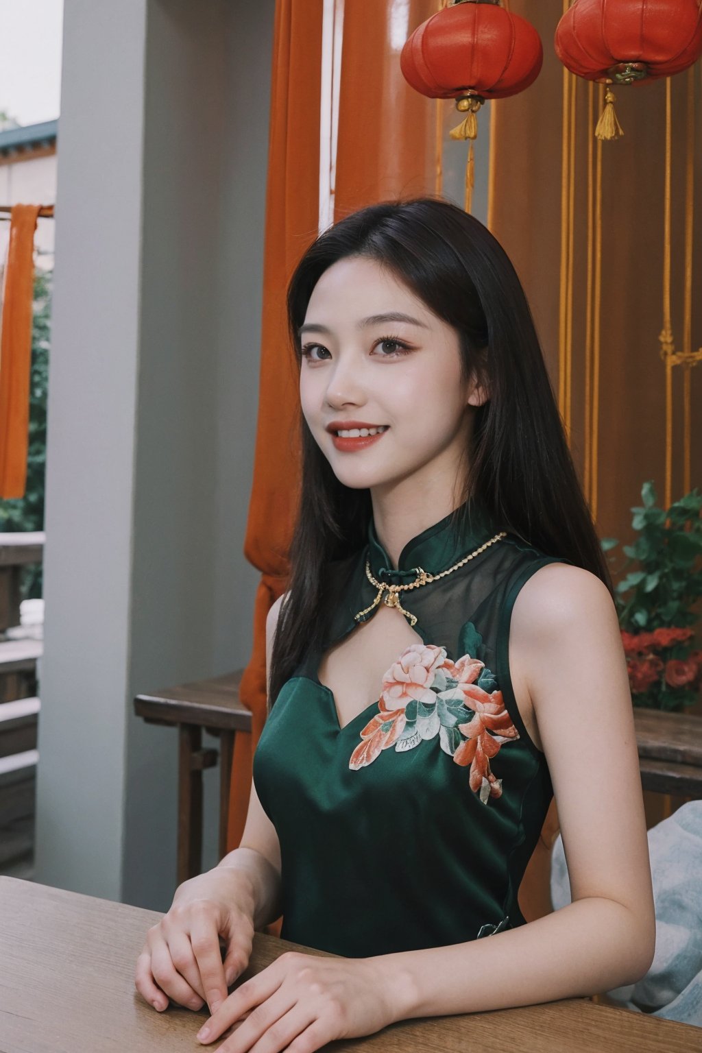 1girl, black hair, long hair, standing, full-body shot, smiling, Cheongsam (Chinese style dress), elegant, detailed eyes, blush on the cheeks, traditional Chinese architecture background, lanterns, red and gold colors, depth of field, realistic, soft light, cinematic composition:1.3, best quality, masterpiece