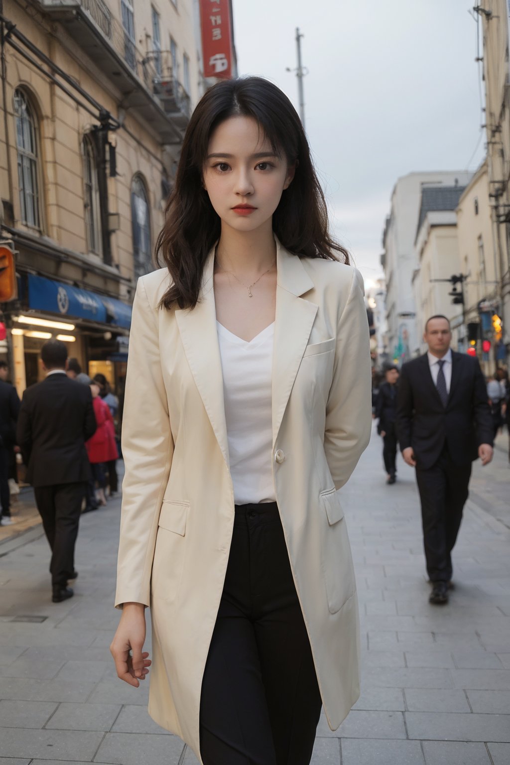 1girl, secret agent, black hair, long hair, (20yo), beautiful, detailed eyes, serious expression, black suit, black trousers, walking, city street, daytime, overcast sky, detailed background, realistic style, depth of field, ambient light, (cinematic composition:1.3), HDR, Accent Lighting, wide-angle lens, best quality, masterpiece.