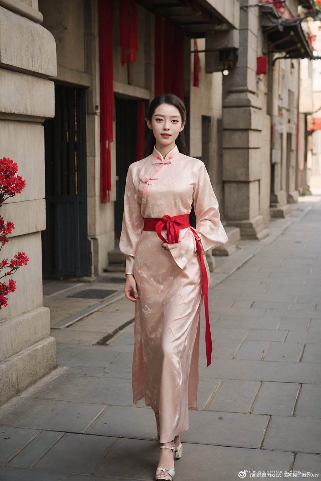 1girl, black hair, full body, standing, Hanfu, smiling, detailed eyes, traditional Chinese clothing, delicate patterns, silk fabric, (red ribbon:1.2), (jade pendant:0.9), ancient China, serene expression, gentle breeze, cherry blossoms, courtyard, stone path, (sunny weather:0.8), soft light, peaceful atmosphere, high definition, best quality, masterpiece.