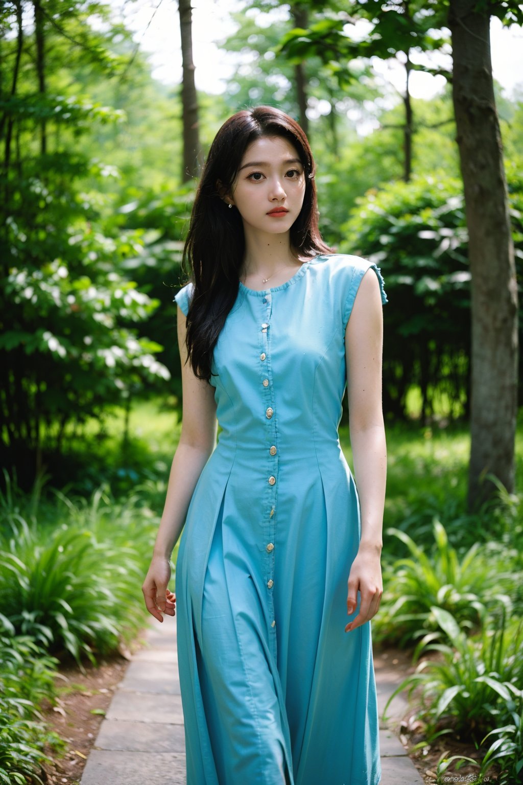 1girl, beautiful, solo, (17yo), stunning black hair, long hair, detailed eyes, walking in forest, green trees, sunlight filtering through leaves, colorful wildflowers, peaceful atmosphere, serene expression, flowy summer dress, barefoot, natural makeup, surrounded by nature, vibrant colors, depth of field, realistic, ambient light, (cinematic composition:1.2), wide-angle lens, best quality, masterpiece.