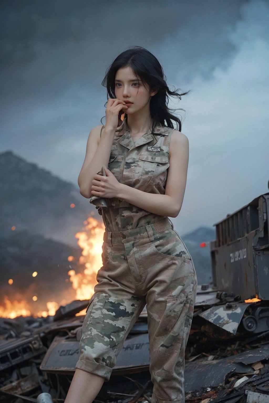 1girl, beautiful, black hair, long hair, intense eyes, determined expression, combat uniform, camouflage pattern, holding a rifle, firing, battlefield, explosions in background, tanks, smoke, fire, debris, chaotic environment, dynamic lighting, (action pose:1.2), high-contrast, gritty textures, best quality, masterpiece.