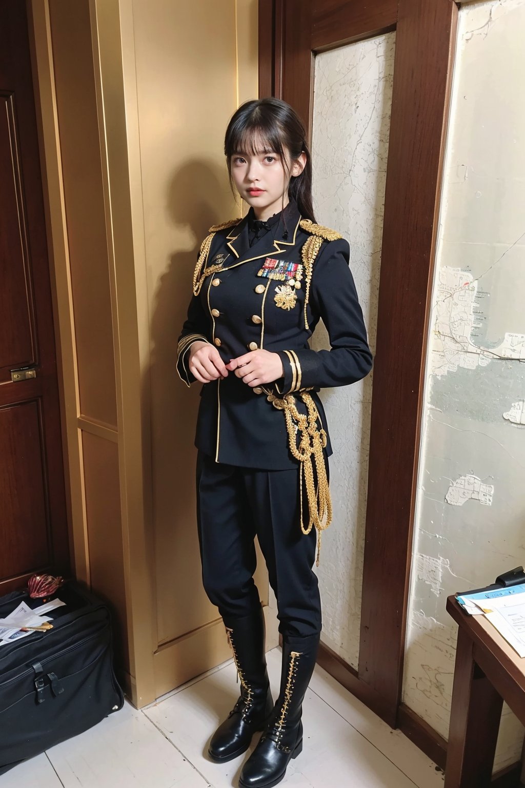 1girl, black hair, young, military general, full-body portrait, detailed uniform, (golden embroidery:1.2), epaulettes, (rank insignia:1.3), sharp eyes, determined expression, standing posture, holding a sword, (sword details:1.1), leather boots, (boot details:1.05), background suggestive of a war room, maps, strategy papers, dim lighting, realistic, depth of field, (cinematic composition:1.3), high resolution, best quality, masterpiece.