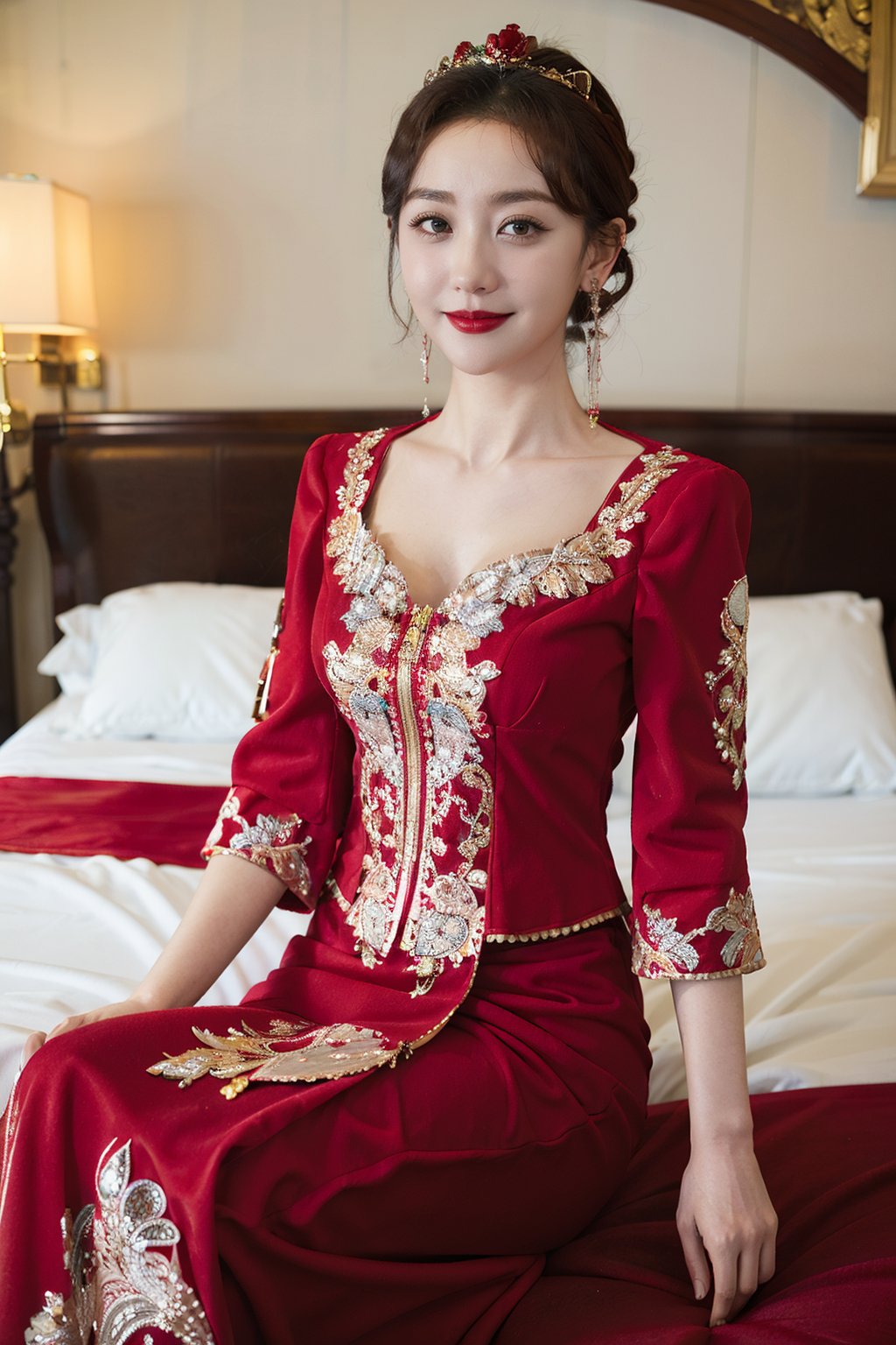  best quality,highly detailed,1girl,
a woman in a red and gold clothes, phoenix coronet,(sitting on red bed),blush,shy,black_hair, earrings,  indoors, jewelry, long_sleeves, red lips, tassel, Red quilt,(red palace:1.2),looking_at_viewer,smile