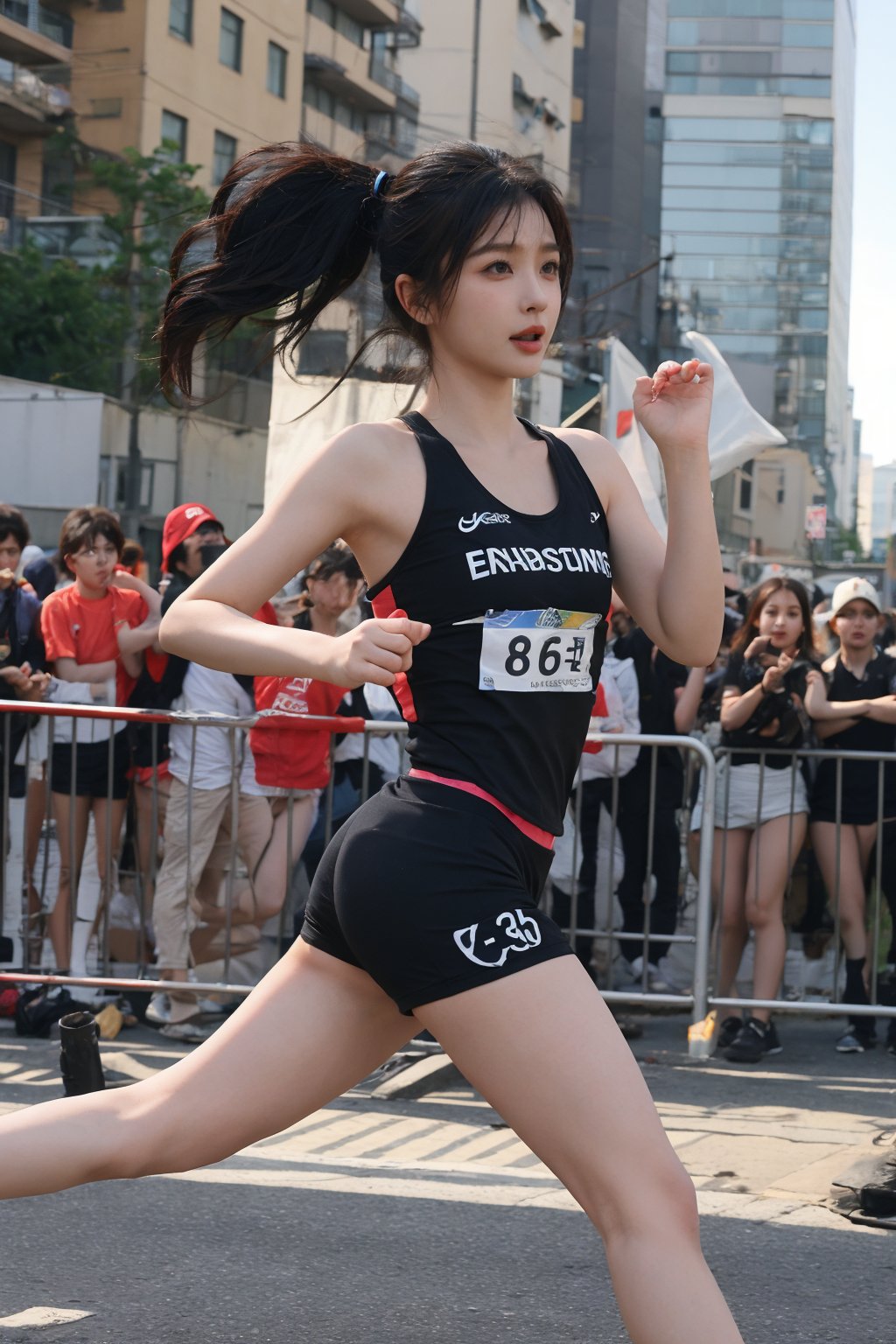 1girl, black hair, full body, sportswear, marathon running, dynamic pose, (16yo), determined expression, sweat, windblown hair, city marathon background, crowd cheering, clear sky, sunrise, vibrant colors, energy boost, detailed muscles, motion blur: legs, high quality, best quality, masterpiece.