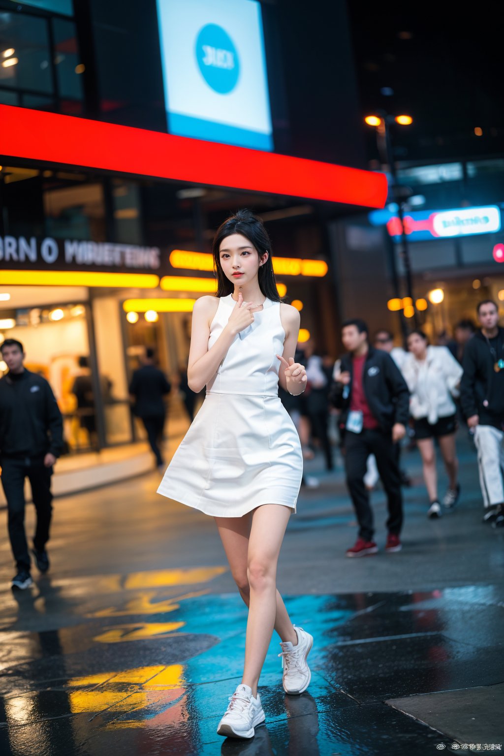 1girl, beautiful, black hair, long hair, solo, (18yo), (athletic, running), city background, urban landscape, skyscrapers, streets, night time, streetlights, dynamic pose, flowing dress, determined expression, high-quality sneakers, neon signs, reflections on wet pavement, ambient city lights, depth of field, realistic, (cinematic composition:1.3), wide-angle lens, best quality, masterpiece