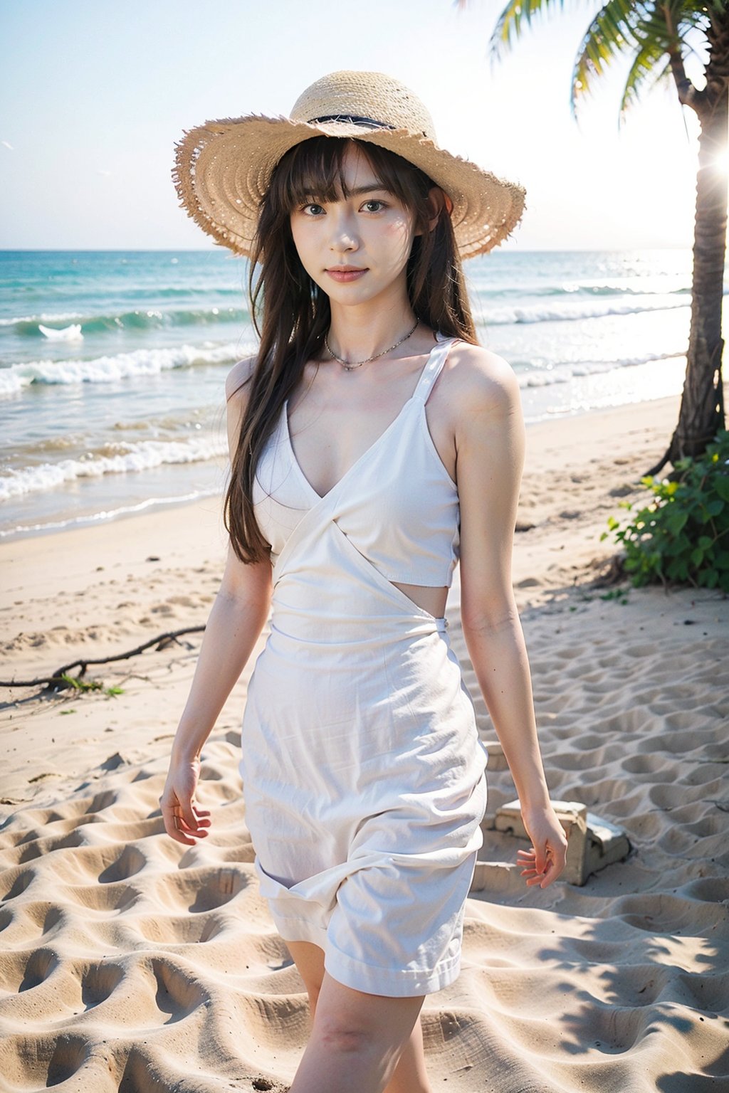 1girl, beautiful, walking on the beach, long hair, summer dress, flip flops, seashell necklace, sun hat, sunset background, sand, waves, seagulls, palm trees, clear sky, warm colors, (golden hour light:1.2), realistic, ambient light, wide-angle lens, best quality, masterpiece.