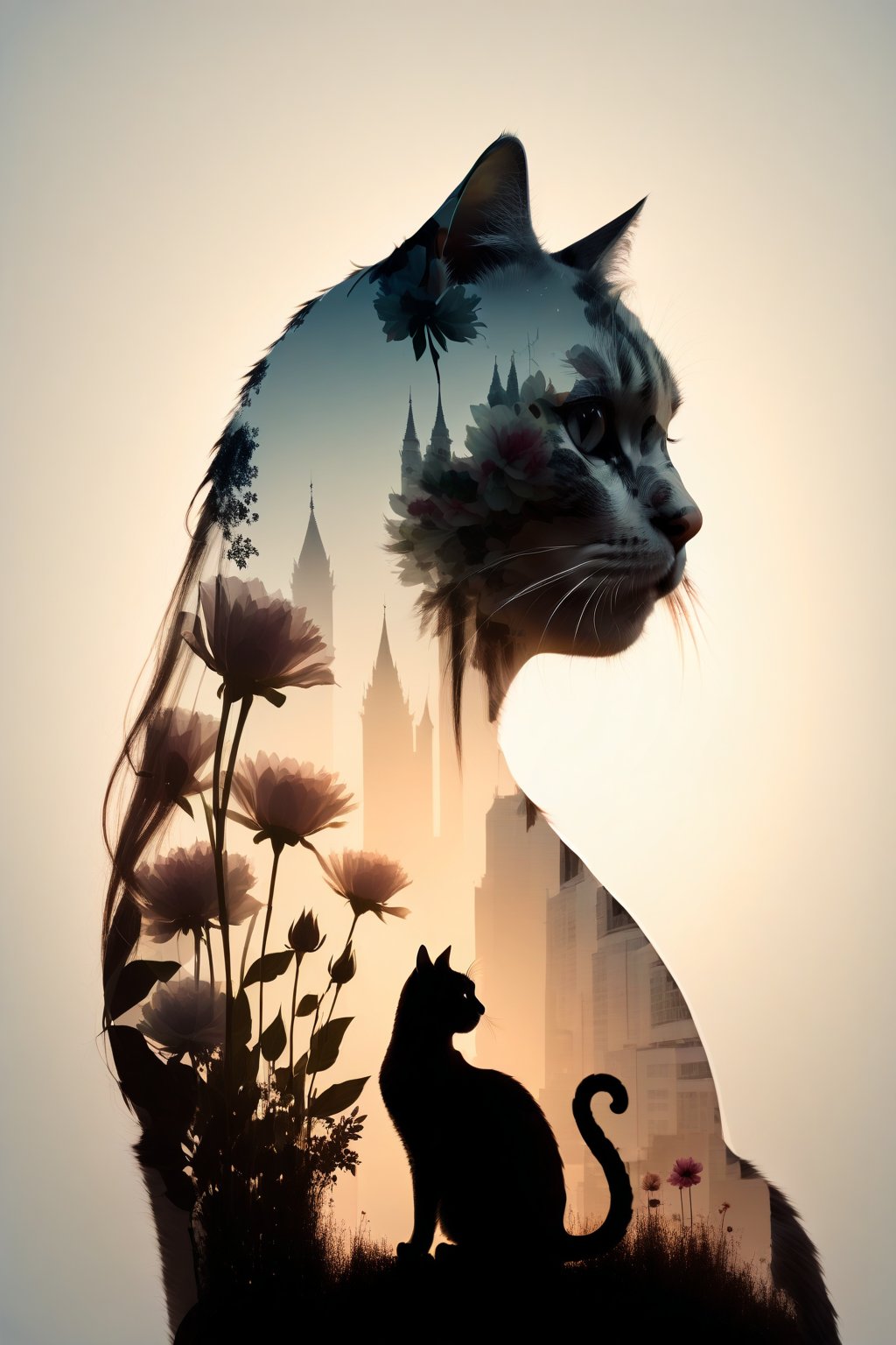 silhouette of a cat in profile. Inside the silhouette you can see the double exposure with woman who has long hair,flowers , masterpiece, ((double exposure)), proportional.,DOUBLE EXPOSURE,realistic, 3D SINGLE TEXT