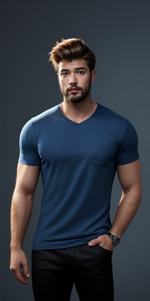 solo, looking at viewer, short hair, brown hair, shirt, 1boy, short sleeves, male focus, pants, shadow, facial hair, black pants, blue shirt, t-shirt, beard, watch, realistic, hands in pockets, stubble, wristwatch, chest hair, arm hair