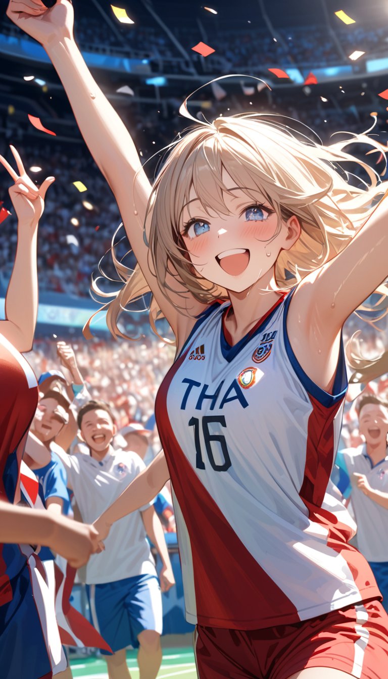 A charismatic female basketball player standing on the court after winning an Olympic game. She's grinning broadly, her face flushed with joy and excitement. She's holding a basketball under one arm, her other arm raised in triumph. Her athletic body is still glistening with sweat from the intense match. She wears a slightly disheveled national team uniform in bold colors. The background shows a celebratory scene with teammates hugging, confetti falling, and ecstatic fans in the stands. Olympic flags and banners are visible in the arena. Photorealistic style, sharp focus on the athlete's beaming face and upper body. The lighting is bright and festive, highlighting her victorious pose and radiant smile. 8k resolution, highly detailed, capturing every nuance of her post-game elation and the electric atmosphere of the moment.