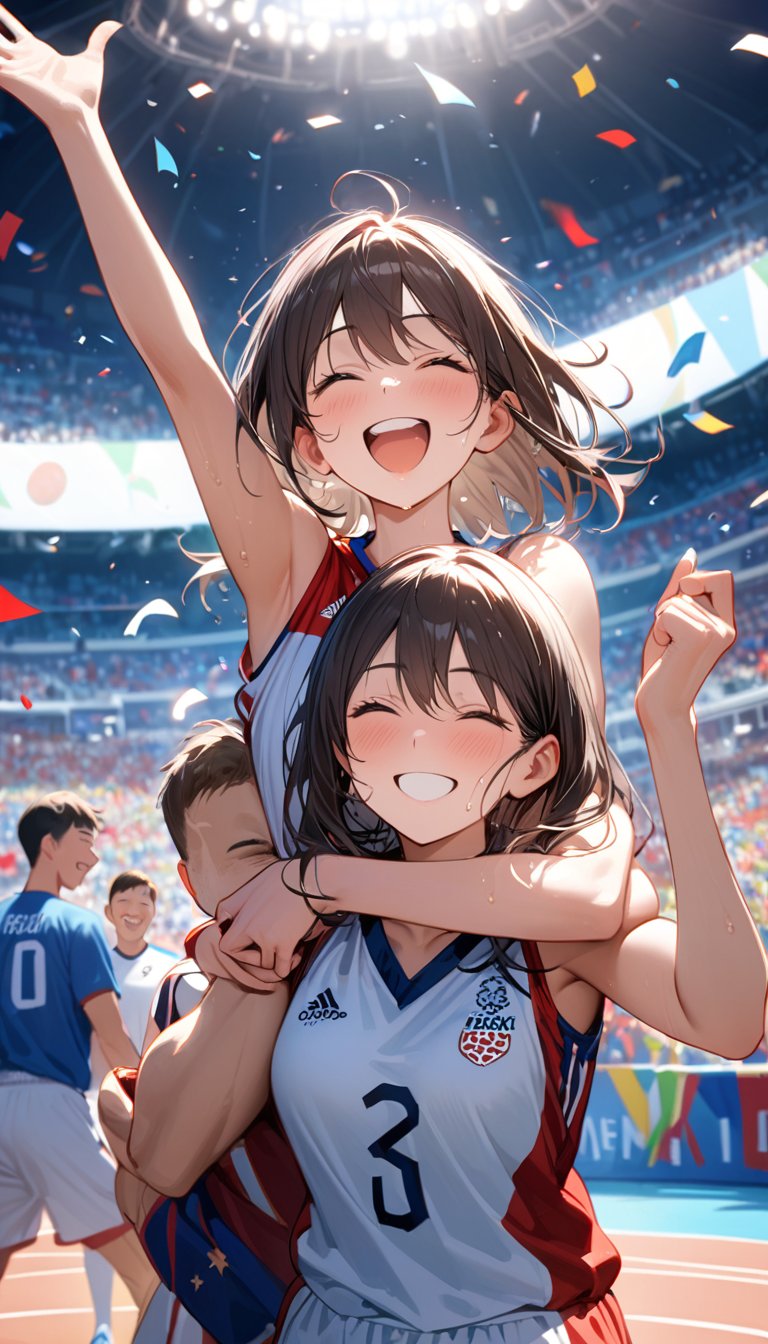 A charismatic female basketball player standing on the court after winning an Olympic game. She's grinning broadly, her face flushed with joy and excitement. She's holding a basketball under one arm, her other arm raised in triumph. Her athletic body is still glistening with sweat from the intense match. She wears a slightly disheveled national team uniform in bold colors. The background shows a celebratory scene with teammates hugging, confetti falling, and ecstatic fans in the stands. Olympic flags and banners are visible in the arena. Photorealistic style, sharp focus on the athlete's beaming face and upper body. The lighting is bright and festive, highlighting her victorious pose and radiant smile. 8k resolution, highly detailed, capturing every nuance of her post-game elation and the electric atmosphere of the moment.