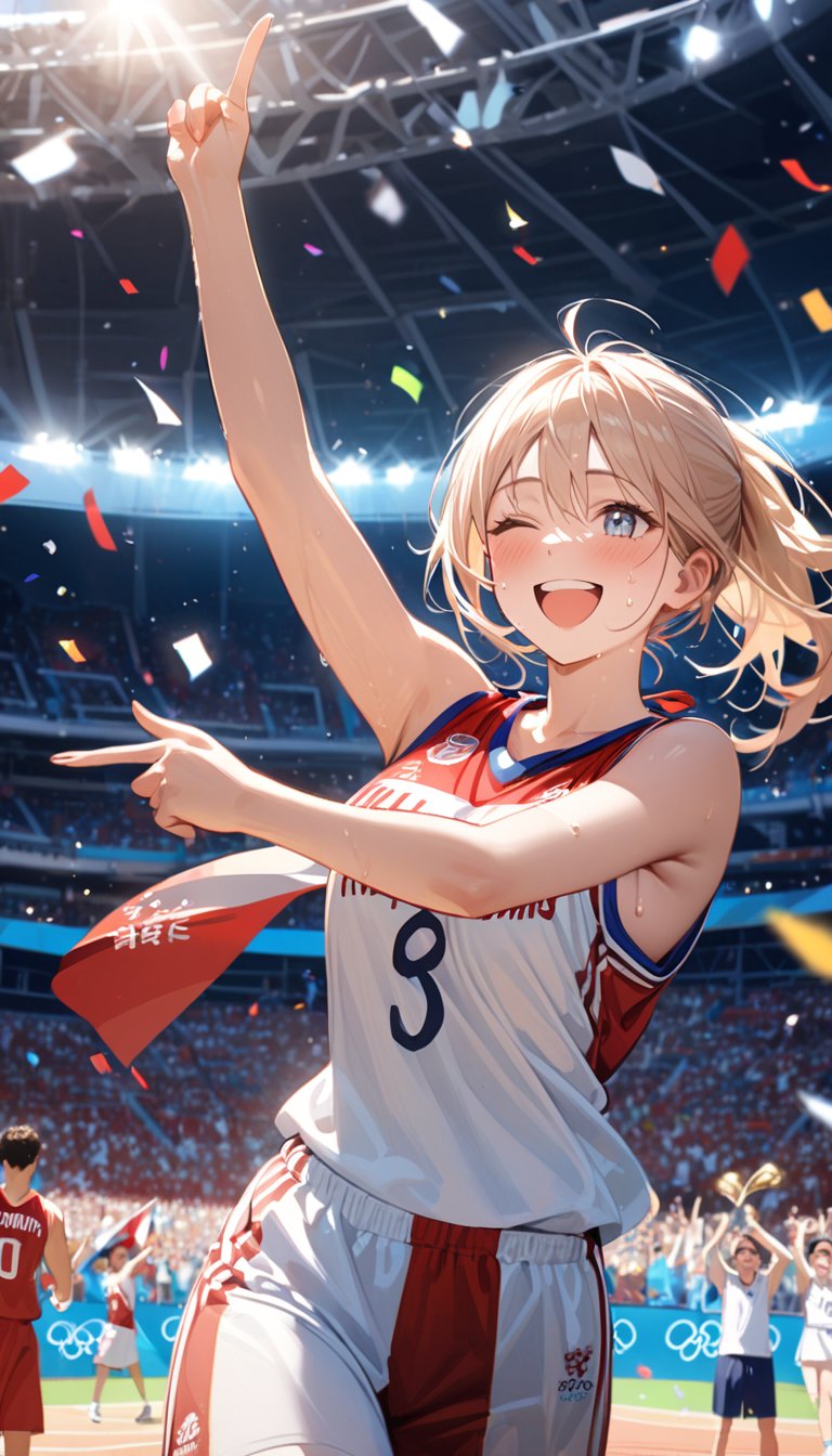 A charismatic female basketball player standing on the court after winning an Olympic game. She's grinning broadly, her face flushed with joy and excitement. She's holding a basketball under one arm, her other arm raised in triumph. Her athletic body is still glistening with sweat from the intense match. She wears a slightly disheveled national team uniform in bold colors. The background shows a celebratory scene with teammates hugging, confetti falling, and ecstatic fans in the stands. Olympic flags and banners are visible in the arena. Photorealistic style, sharp focus on the athlete's beaming face and upper body. The lighting is bright and festive, highlighting her victorious pose and radiant smile. 8k resolution, highly detailed, capturing every nuance of her post-game elation and the electric atmosphere of the moment.