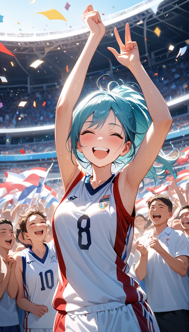 A charismatic female basketball player standing on the court after winning an Olympic game. She's grinning broadly, her face flushed with joy and excitement. She's holding a basketball under one arm, her other arm raised in triumph. Her athletic body is still glistening with sweat from the intense match. She wears a slightly disheveled national team uniform in bold colors. The background shows a celebratory scene with teammates hugging, confetti falling, and ecstatic fans in the stands. Olympic flags and banners are visible in the arena. Photorealistic style, sharp focus on the athlete's beaming face and upper body. The lighting is bright and festive, highlighting her victorious pose and radiant smile. 8k resolution, highly detailed, capturing every nuance of her post-game elation and the electric atmosphere of the moment.