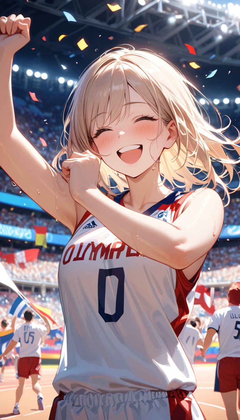 A charismatic female basketball player standing on the court after winning an Olympic game. She's grinning broadly, her face flushed with joy and excitement. She's holding a basketball under one arm, her other arm raised in triumph. Her athletic body is still glistening with sweat from the intense match. She wears a slightly disheveled national team uniform in bold colors. The background shows a celebratory scene with teammates hugging, confetti falling, and ecstatic fans in the stands. Olympic flags and banners are visible in the arena. Photorealistic style, sharp focus on the athlete's beaming face and upper body. The lighting is bright and festive, highlighting her victorious pose and radiant smile. 8k resolution, highly detailed, capturing every nuance of her post-game elation and the electric atmosphere of the moment.