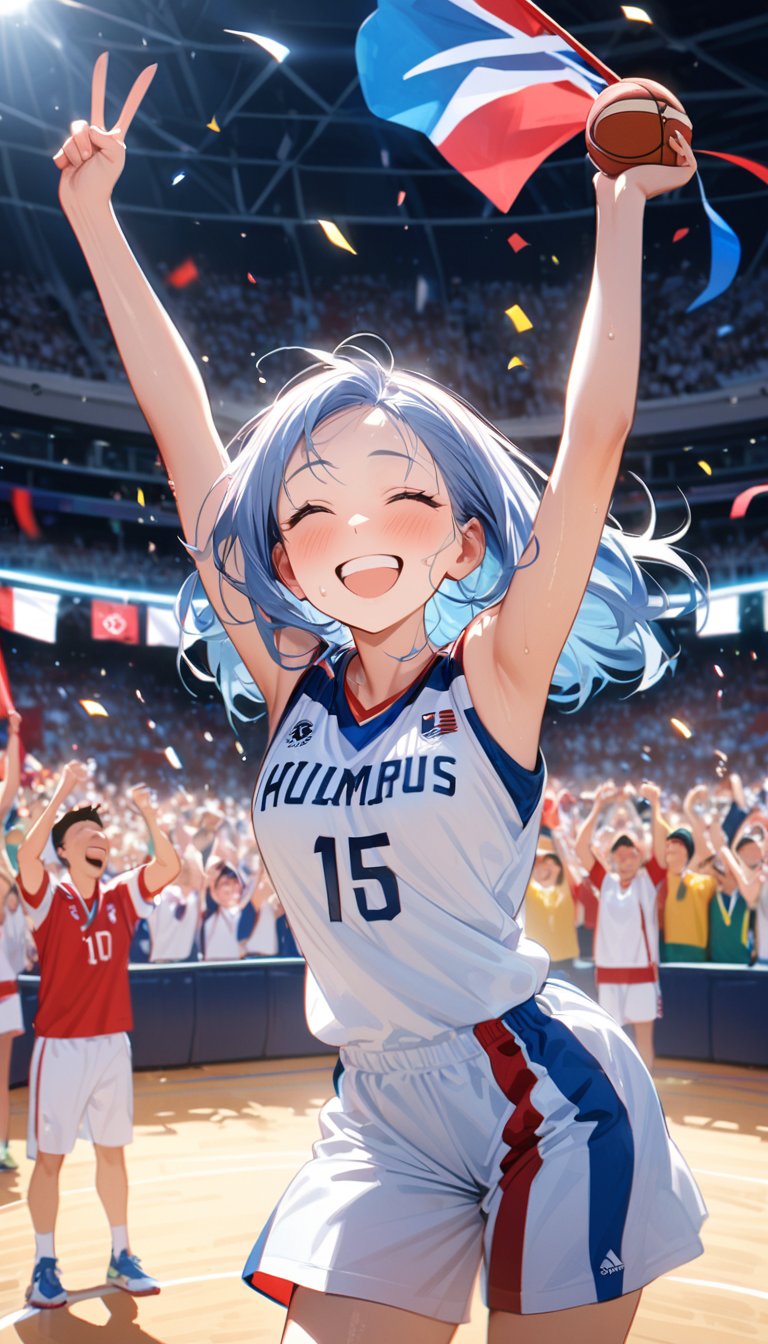 A charismatic female basketball player standing on the court after winning an Olympic game. She's grinning broadly, her face flushed with joy and excitement. She's holding a basketball under one arm, her other arm raised in triumph. Her athletic body is still glistening with sweat from the intense match. She wears a slightly disheveled national team uniform in bold colors. The background shows a celebratory scene with teammates hugging, confetti falling, and ecstatic fans in the stands. Olympic flags and banners are visible in the arena. Photorealistic style, sharp focus on the athlete's beaming face and upper body. The lighting is bright and festive, highlighting her victorious pose and radiant smile. 8k resolution, highly detailed, capturing every nuance of her post-game elation and the electric atmosphere of the moment.