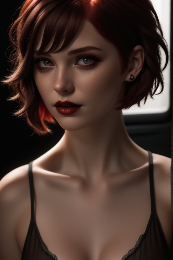 Beautiful realistic darkness girl model, Red short haired, Vampire style clothing, background horror,
Hyper realistic, Super detailed, 8k, Lighting natural, Medium exposure, Soft shadows, (Photo srgb), UR_Art,real_booster, 