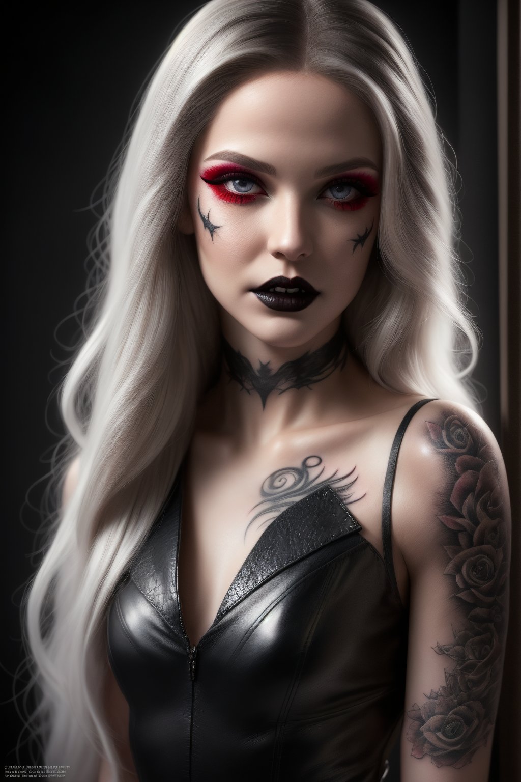 Beautiful realistic darkness girl vampire model, Platinum long straight haired, Vampire style leather dress, vampire makeup face, white skin realistic details, Tatoo,
Hyper realistic, Super detailed, 8k, Lighting natural, Little exposure, Little shadows, UR_Art,