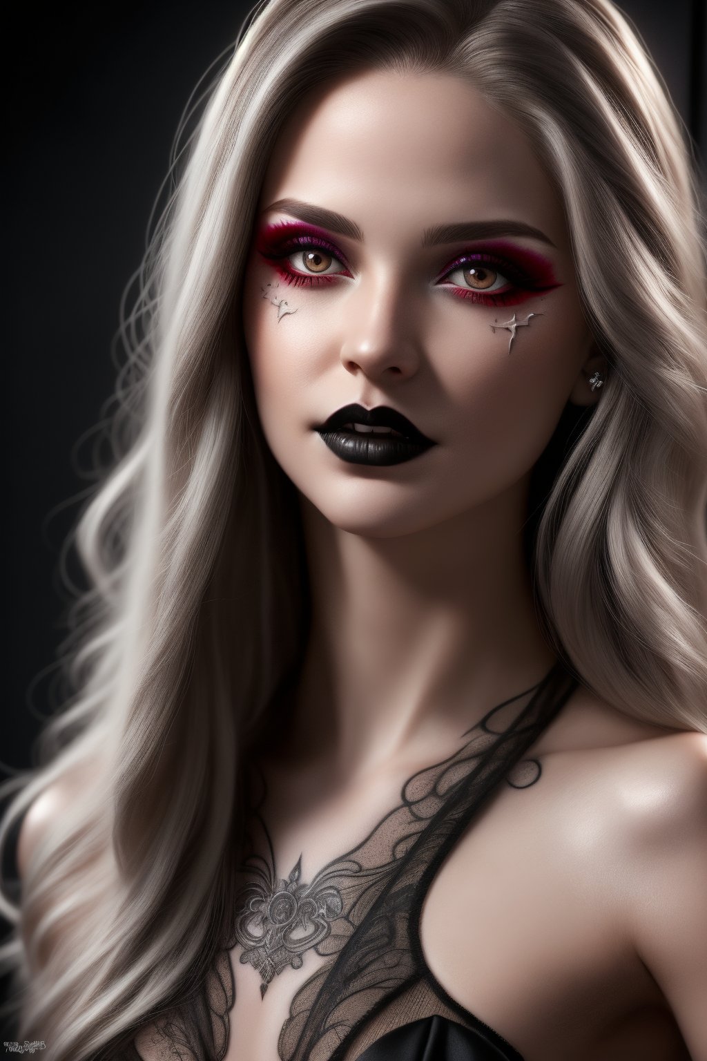 Beautiful realistic darkness girl vampire model, Platinum long straight haired, Vampire style clothing, vampire makeup face, white skin realistic details, Tatoo,
Hyper realistic, Super detailed, 8k, Lighting natural, Little exposure, Little shadows, UR_Art,