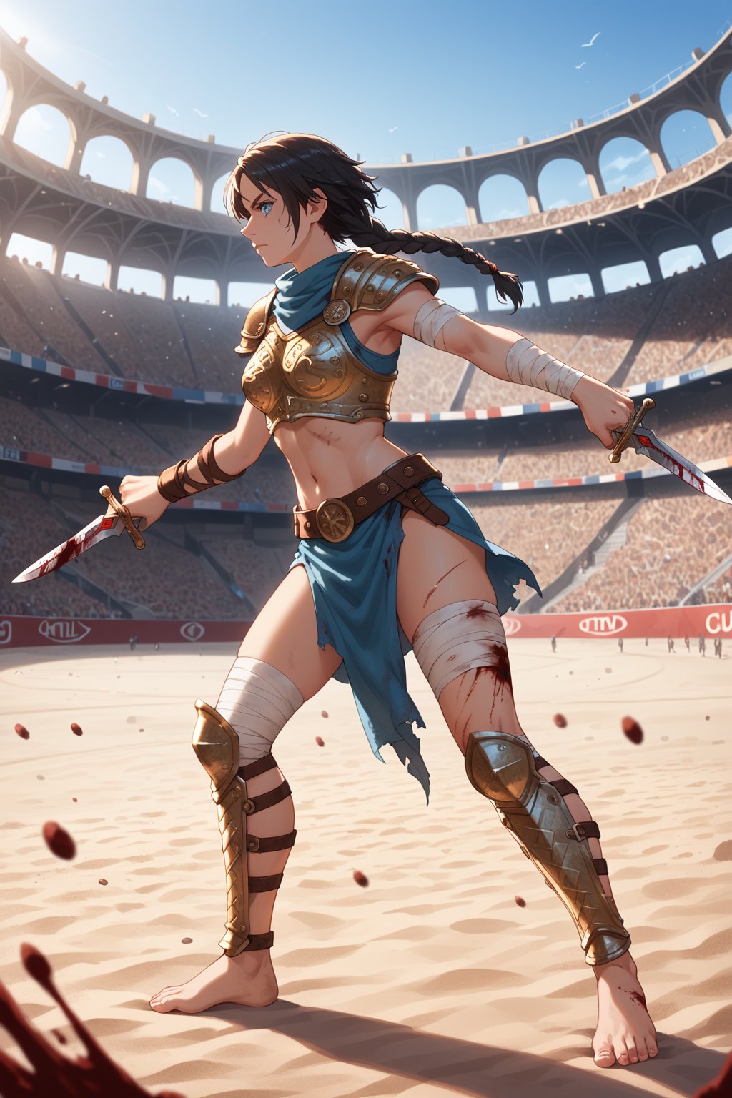 score_9, score_8_up, score_7_up, masterpiece, (high quality), (high resolution), (incredibly detailed), detailed scenery, detailed,
cinematic, depth of field,
1girl, (((side view))), illustration, highly detailed, skinny, model body, looking at viewer, 1girl, masterpiece, best quality, femgladiator, solo, scar, bloody, BREAK
(((((Bestiary gladiator armor, holding wide long dagger in hands))))), ((((dynamic pose))))
black hair, (single braid: 1.2), blue eyes,
(((a short soft tunic, arms and legs bandaged with tight bandages, leggings worn)))
best quality, depth of field, bokeh, (((full clothed))), dynamic pose
BREAK 
((((outdoor, gladiator arena, sand, colosseum, bloody, gore:1.2)))) score_9, score_8_up, score_7_up, score_6_up, source_cartoon, rating_explicit, Expressiveh, ((((full body))))), dynamic pose, dynamic pose
((((dirty)))),((dimly light:1.4)), 



cindrt,more detail XL,
