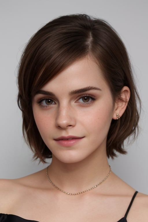 hyperrealistic photo of Emma Watson, close-up from the waist up, showcasing flawless makeup with vibrant red lips, black eyeliner, and long, voluminous eyelashes. She is wearing a simple white silk blouse with exposed shoulders and a delicate necklace. The image is classic and elegant, with soft lighting and a neutral background.