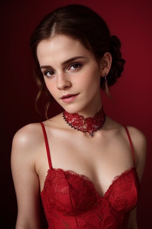 hyperrealistic photo of Emma Watson in a fashion photoshoot, wearing a vibrant red haute couture dress with lace and gemstone details. She has dramatic makeup, with intense red lips, black eyeliner, and long lashes. The image is fashion-forward, with professional lighting and a modern, minimalist background.