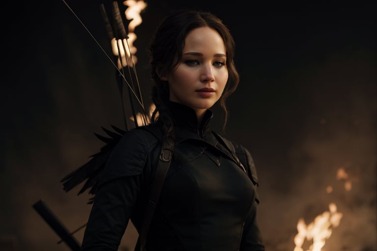 hyperrealistic photo of Jennifer Lawrence, in a dark and mysterious setting, wearing the iconic black Katniss Everdeen Mockingjay Dress, with lace and black velvet details. She has a serious and determined expression, with a bow and arrow in her hands, ready for battle. The focus is on the texture of the dress and the details of the makeup. The lighting is dramatic, with contrasting shadows that enhance the dark atmosphere.